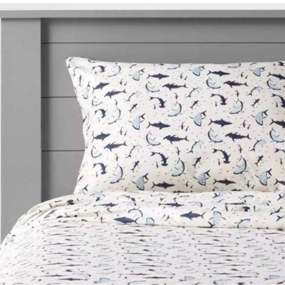 Pillowfort Shark Twin sheet set Soft White Blue NEW - Picture 1 of 8